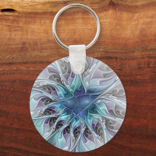 Abstrakte moderne Fraktal-Blume mit Blau geblüht Schlüsselanhänger (Vorderseite)