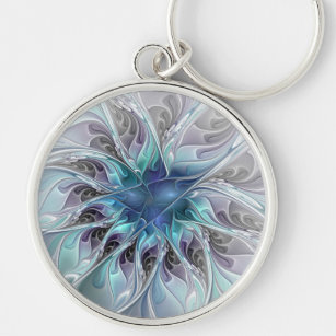 Abstrakte moderne Fraktal-Blume mit Blau geblüht Schlüsselanhänger