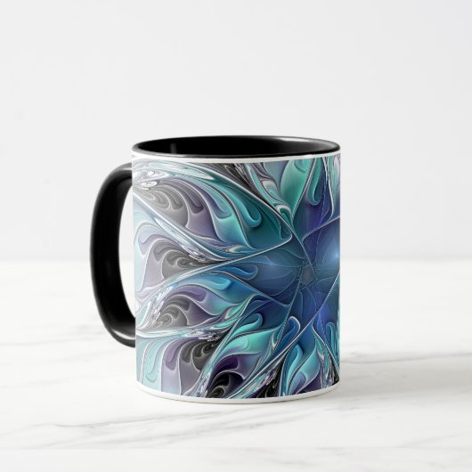 Abstrakte moderne Fraktal-Blume mit Blau geblüht Tasse (Vorderseite Links)