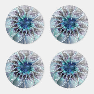 Abstrakte moderne Fraktal-Blume mit Blau geblüht Untersetzer Set