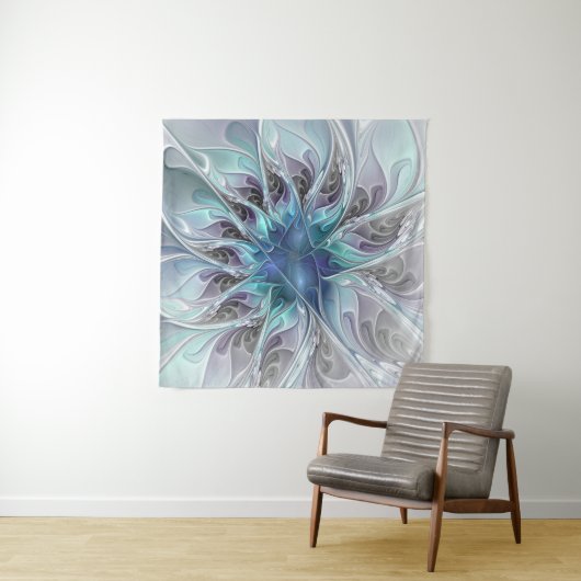 Abstrakte moderne Fraktal-Blume mit Blau geblüht Wandteppich (Beispiel (Horizontal))