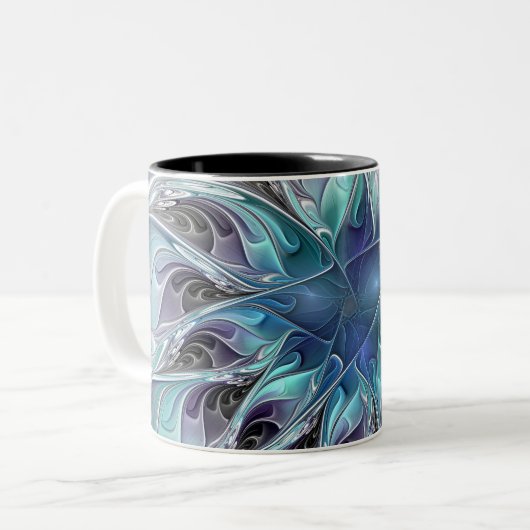 Abstrakte moderne Fraktal-Blume mit Blau geblüht Zweifarbige Tasse (Vorderseite Links)