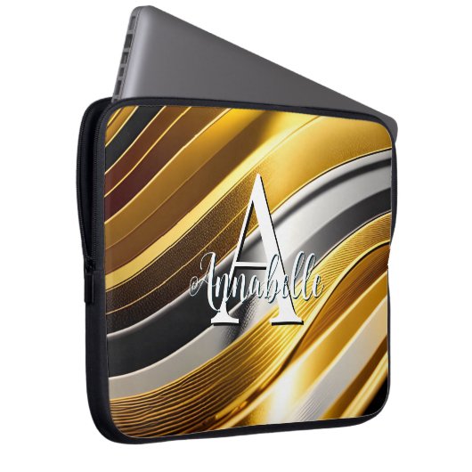 Abstrakte moderne Gold Silver & Bronze Waves Laptopschutzhülle (Vorne Rechts)