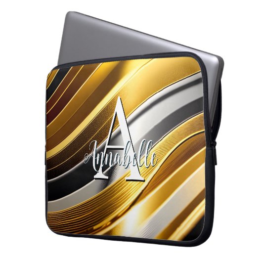 Abstrakte moderne Gold Silver & Bronze Waves Laptopschutzhülle (Vorderseite Links)