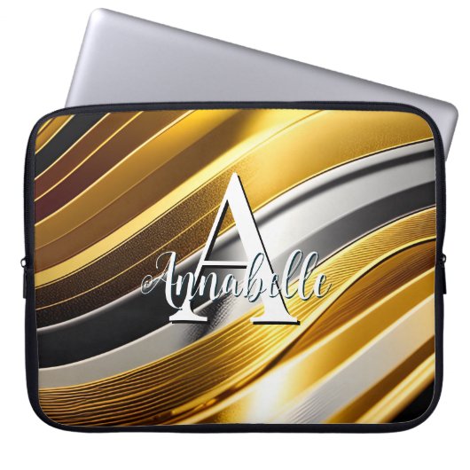 Abstrakte moderne Gold Silver & Bronze Waves Laptopschutzhülle (Vorderseite)