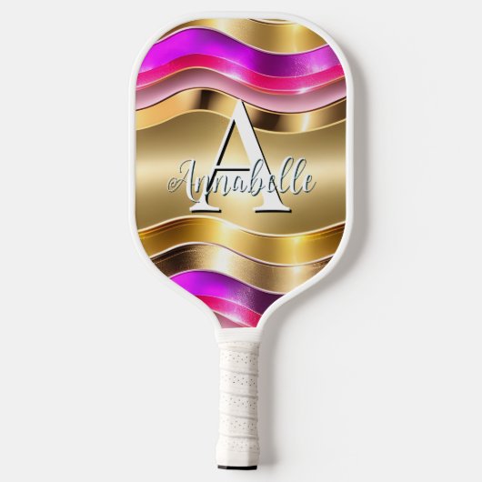 Abstrakte moderne Gold Silver & Pink Waves Pickleball Schläger (Rückseite)