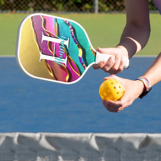 Abstrakte moderne Goldene Aqua & Pink Glam Waves Pickleball Schläger (InSitu)