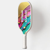 Abstrakte moderne Goldene Aqua & Pink Glam Waves Pickleball Schläger (Links)