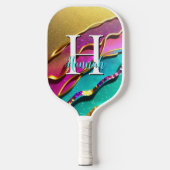 Abstrakte moderne Goldene Aqua & Pink Glam Waves Pickleball Schläger (Vorderseite)