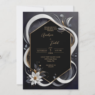 Abstrakte, moderne Hochzeit in Weiß und Gold Einladung