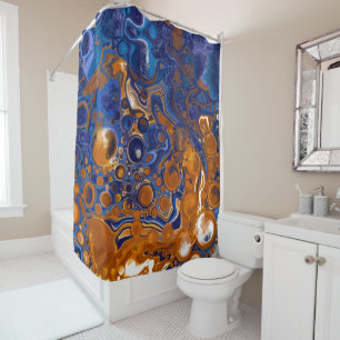 Abstrakte moderne Kunst in Blau und Kupfer Duschvorhang