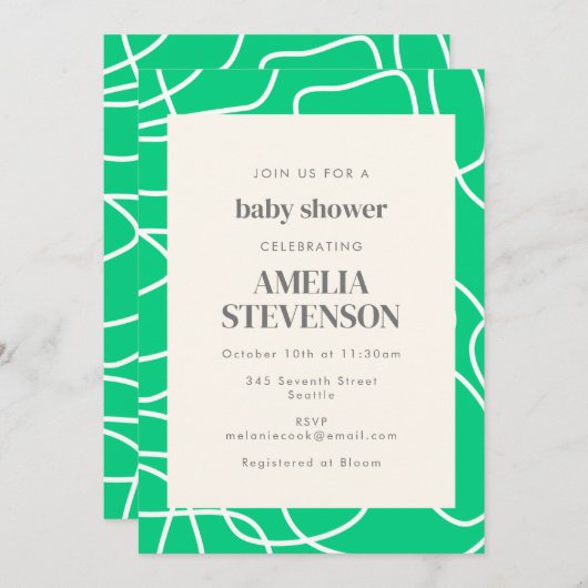 Abstrakte moderne Linie Art Green Custom Baby Dusc Einladung (Vorne/Hinten)