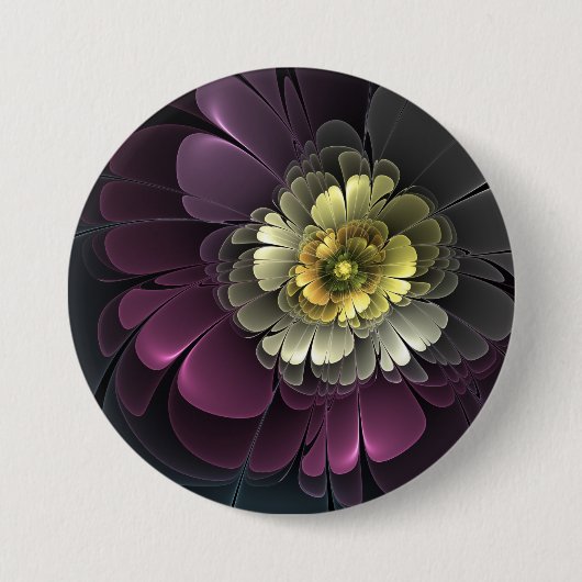 Abstrakte moderne Purpur-Khaki-Grau-Fraktal-Blume Button (Vorderseite)