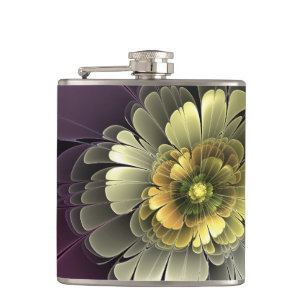 Abstrakte moderne Purpur-Khaki-Grau-Fraktal-Blume Flachmann