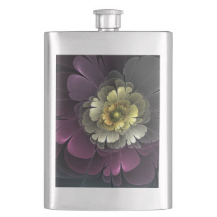 Abstrakte moderne Purpur-Khaki-Grau-Fraktal-Blume Flachmann