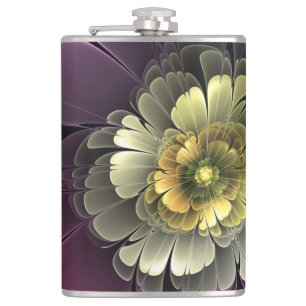 Abstrakte moderne Purpur-Khaki-Grau-Fraktal-Blume Flachmann
