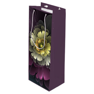 Abstrakte moderne Purpur-Khaki-Grau-Fraktal-Blume Geschenktüte Für Weinflaschen
