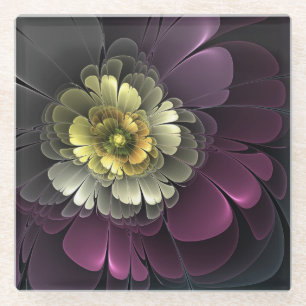 Abstrakte moderne Purpur-Khaki-Grau-Fraktal-Blume Glasuntersetzer