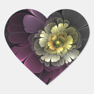 Abstrakte moderne Purpur-Khaki-Grau-Fraktal-Blume Herz-Aufkleber
