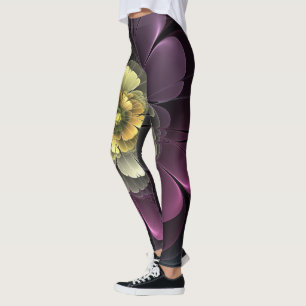 Abstrakte moderne Purpur-Khaki-Grau-Fraktal-Blume Leggings