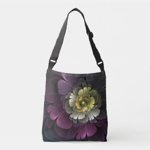 Abstrakte moderne Purpur-Khaki-Grau-Fraktal-Blume Tragetaschen Mit Langen Trägern