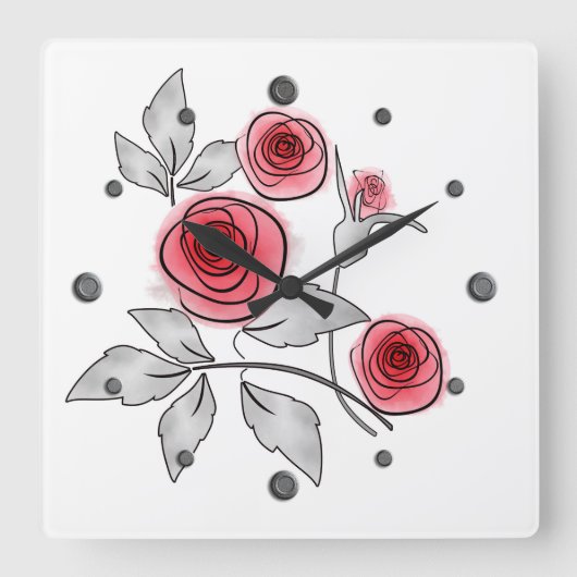 Abstrakte moderne Rose Blume Rot-Graublüte Quadratische Wanduhr (Vorderseite)