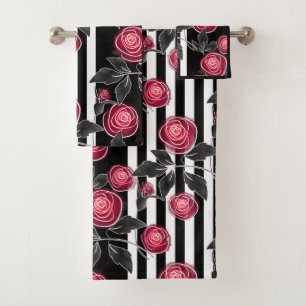 Abstrakte moderne rote Rosen Blätter skizzierten B Badhandtuch Set