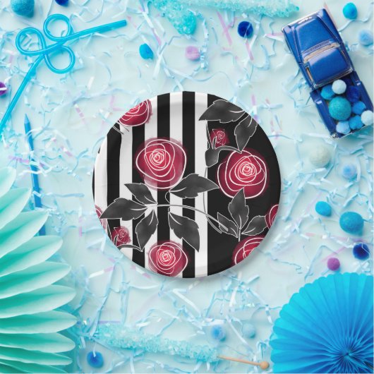 Abstrakte moderne rote Rosen Blätter skizzierten B Pappteller (Party)