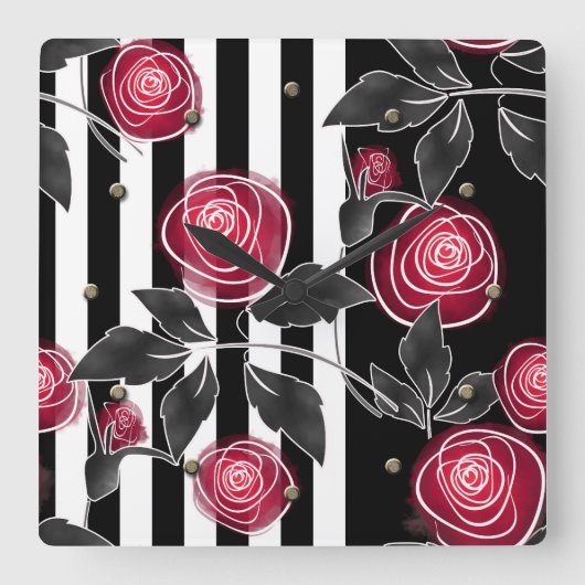 Abstrakte moderne rote Rosen Blätter skizzierten B Quadratische Wanduhr (Vorderseite)