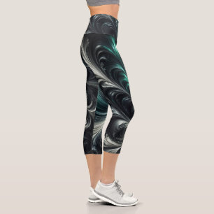 Abstrakte moderne wirbelnde Grün-, Silber- und Sch Capri Leggings