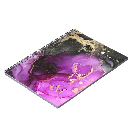 Abstrakte Monogramm Lila Black Gold Alkoholtinte Notizblock (Linke Seite)