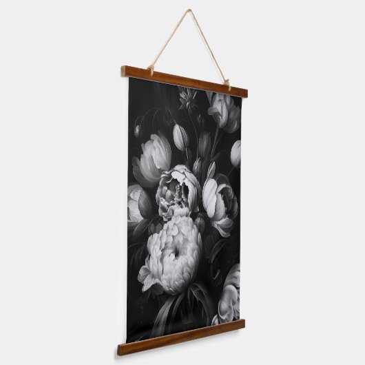 Abstrakte Moody-Blumen in Schwarzweiß Wandteppich Mit Holzrahmen (Gewinkelt)