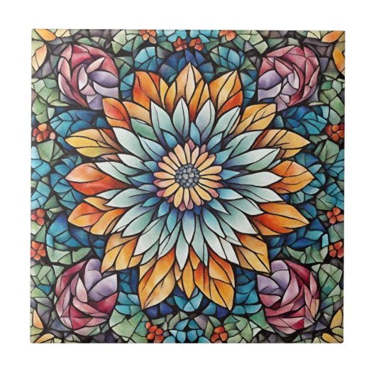 Abstrakte Mosaik-Blume Kaleidoskop Fliese (Vorderseite)