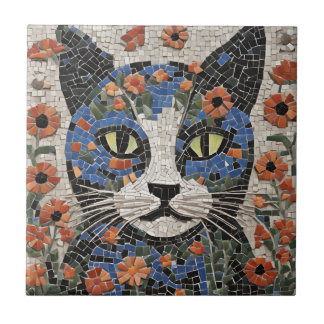 Abstrakte Mosaikkatze mit Blume Fliese