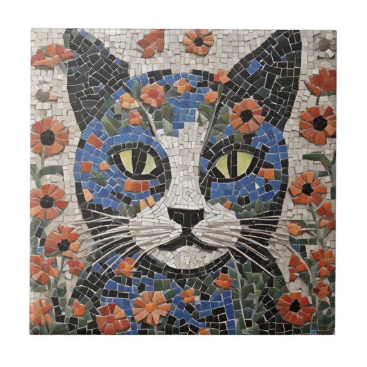 Abstrakte Mosaikkatze mit Blume Fliese (Vorderseite)