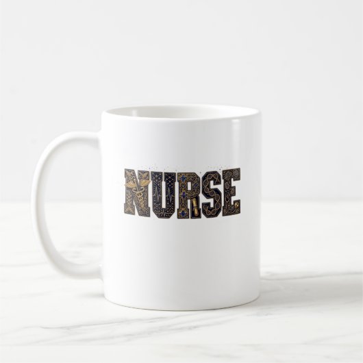 Abstrakte Muster in fetter 'NURSE'-Typografie Kaffeetasse (Links)