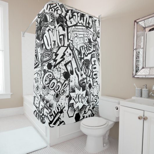 Abstrakte nahtlose Schwarzweiß-Comicen Graffiti Duschvorhang (Beispiel)