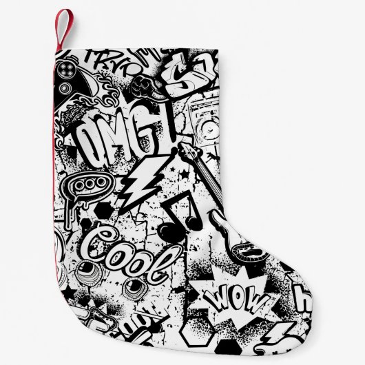 Abstrakte nahtlose Schwarzweiß-Comicen Graffiti Kleiner Weihnachtsstrumpf (Vorderseite)