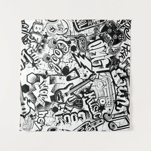 Abstrakte nahtlose Schwarzweiß-Comicen Graffiti  Wandteppich (Vorderseite (Horizontal))