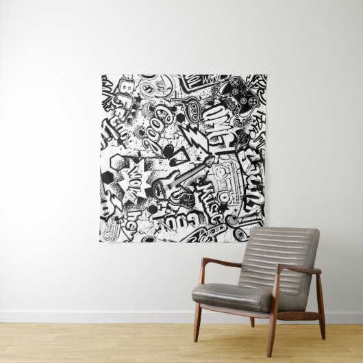 Abstrakte nahtlose Schwarzweiß-Comicen Graffiti  Wandteppich (Beispiel (Horizontal))