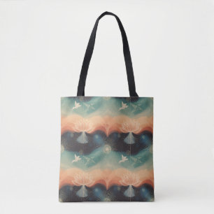 Abstrakte Natur: Minimalistisches Lotus- und Vogel Tasche