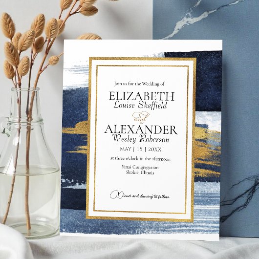 Abstrakte Navy Blue Watercolor Gold Frame Wedding