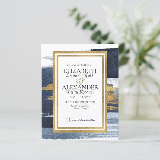 Abstrakte Navy Blue Watercolor Gold Frame Wedding (Stehend Vorderseite)