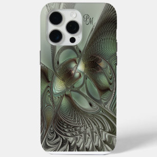 Abstrakte Oliven-Sage-Grün-Grau-Fraktal-Initialen iPhone 15 Pro Max Hülle