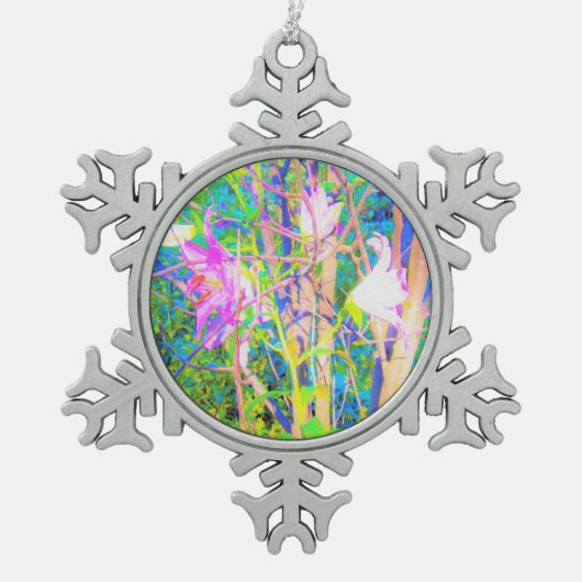 Abstrakte orientalische Lilien in meinem Rubio-Gar Schneeflocken Zinn-Ornament (Vorderseite)