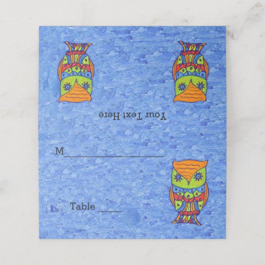 Abstrakte Owl Neonfarben Sterne Augen auf blau Platzkarte (Außenseite Aufgefaltet)
