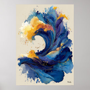 Abstrakte Ozeanwelle Flüssige Kunst Blau Gold Flui Poster