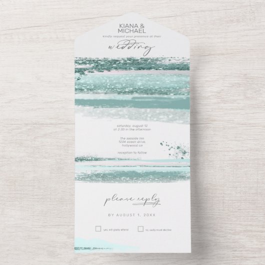 Abstrakte Paint Strokes Wedding Aquamarin ID886 All In One Einladung (Innen Boden)
