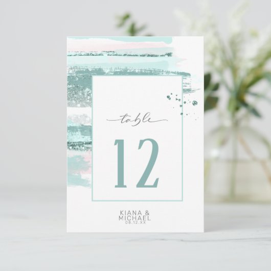 Abstrakte Paint Strokes Wedding Table Aquamarin ID Einladung (Stehend Vorderseite)