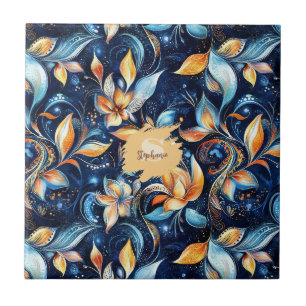 Abstrakte Paisley-Blätter in Blau und Gold (2) Fliese